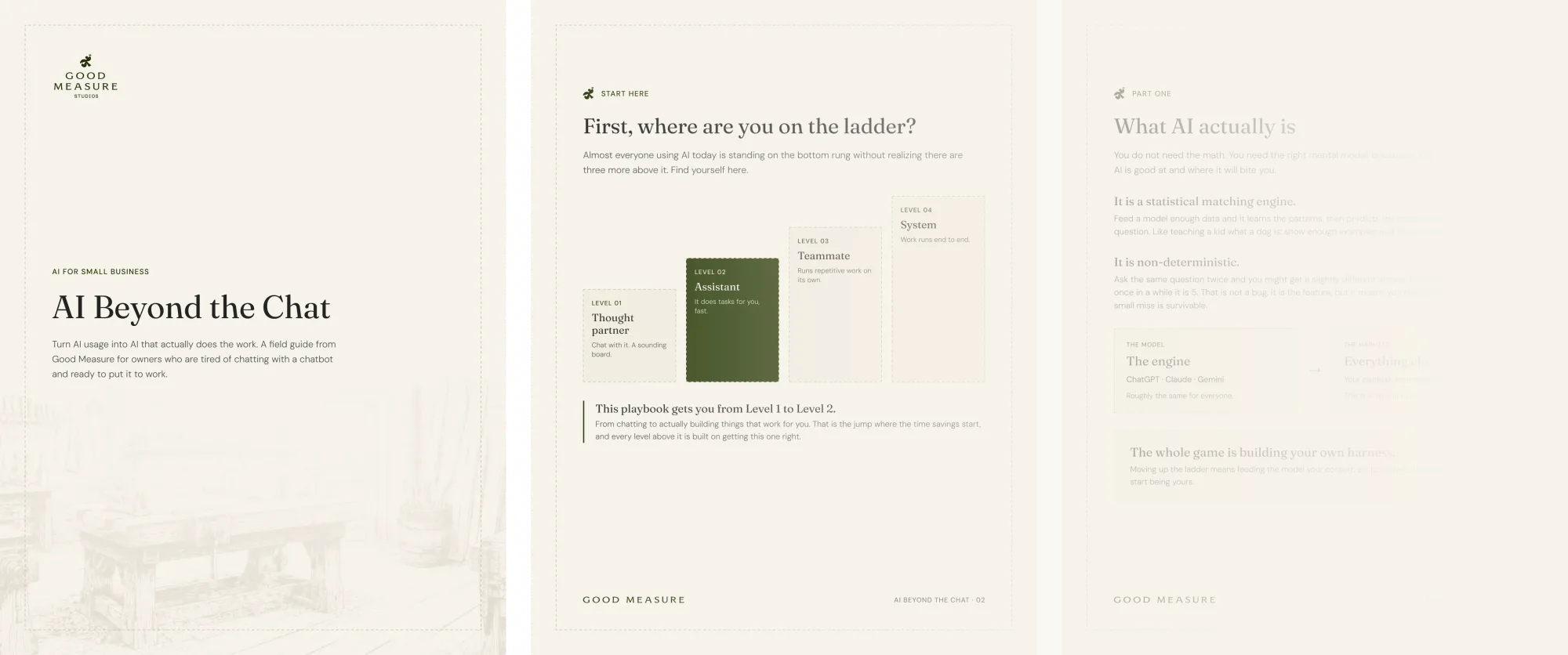 Preview pages from "AI Beyond the Chat," a field guide from Good Measure